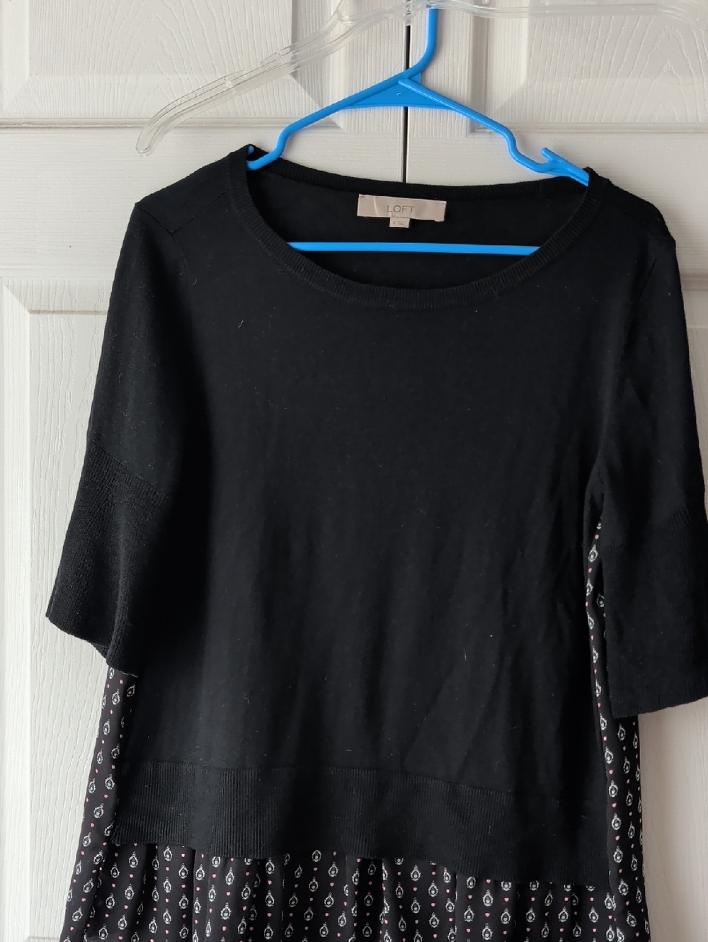 LOFT Black Mixed-Media Top with Printed Hem
